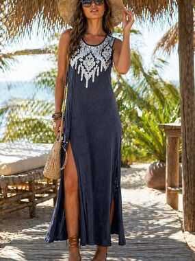 Express Navy Sequin Maxi Dress Petite Small Boho Beach Cover-Up‎ Side Slits